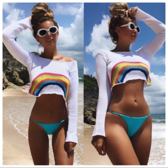 SUMMER HOT Rainbow crop bikini cover up Beach tee - Picture 2 of 8
